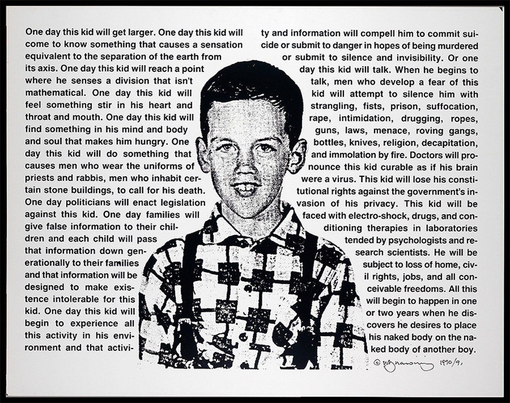Black and white photograph of a young white boy in plaid shirt, surrounded by text by the artist