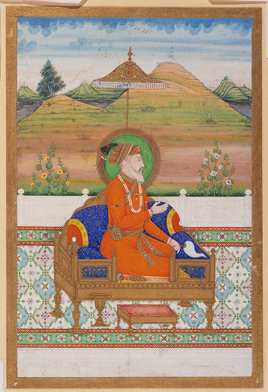 A portrait of the Mughal Emperor Shah Jahan reclining on his throne above a richly decorated carpet as he looks out over a landscape of rolling green hills
