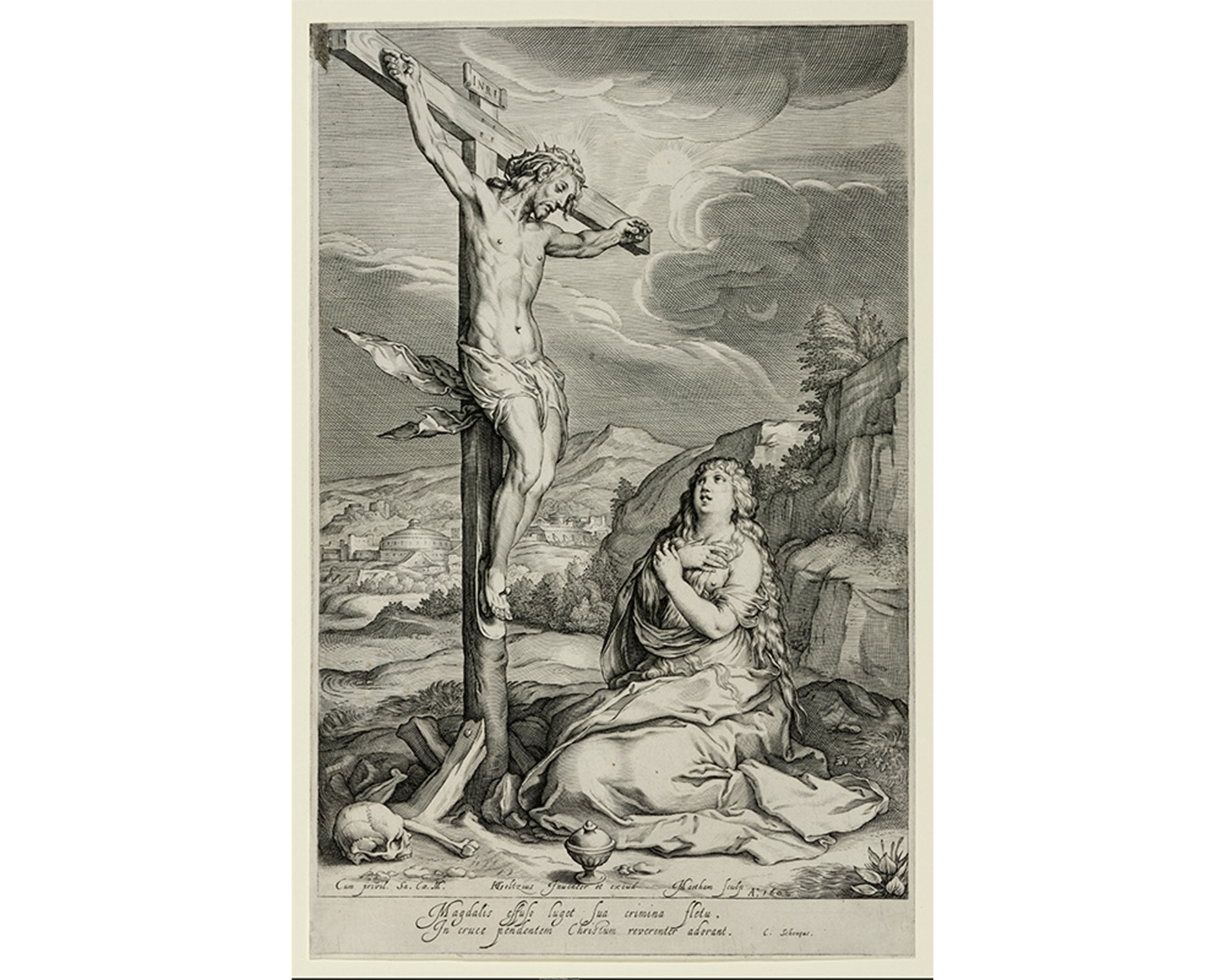 Woman gazing up with hands folded across her chest at Christ on the cross; Mary Magdalena;