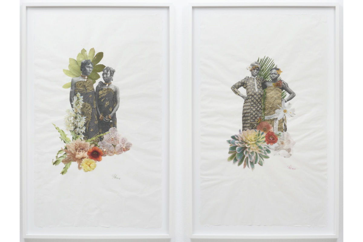 Two framed pieces of standing young women side-by-side. Figures are decorated with beads and shells. Paper flowers and leaves below and behind them