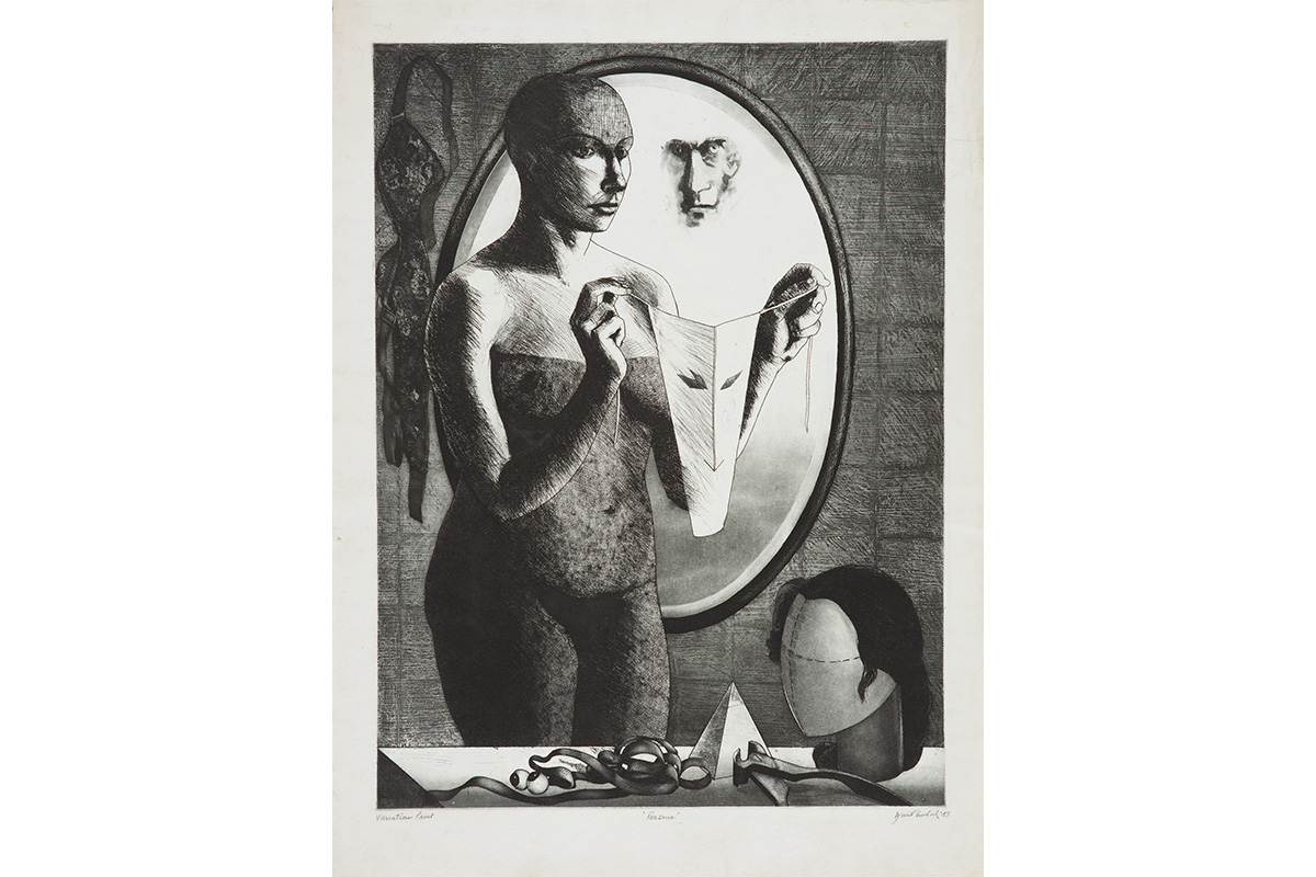 nude female figure standing in front of a mirror holding under garments while a face looks over her shoulder in the reflection