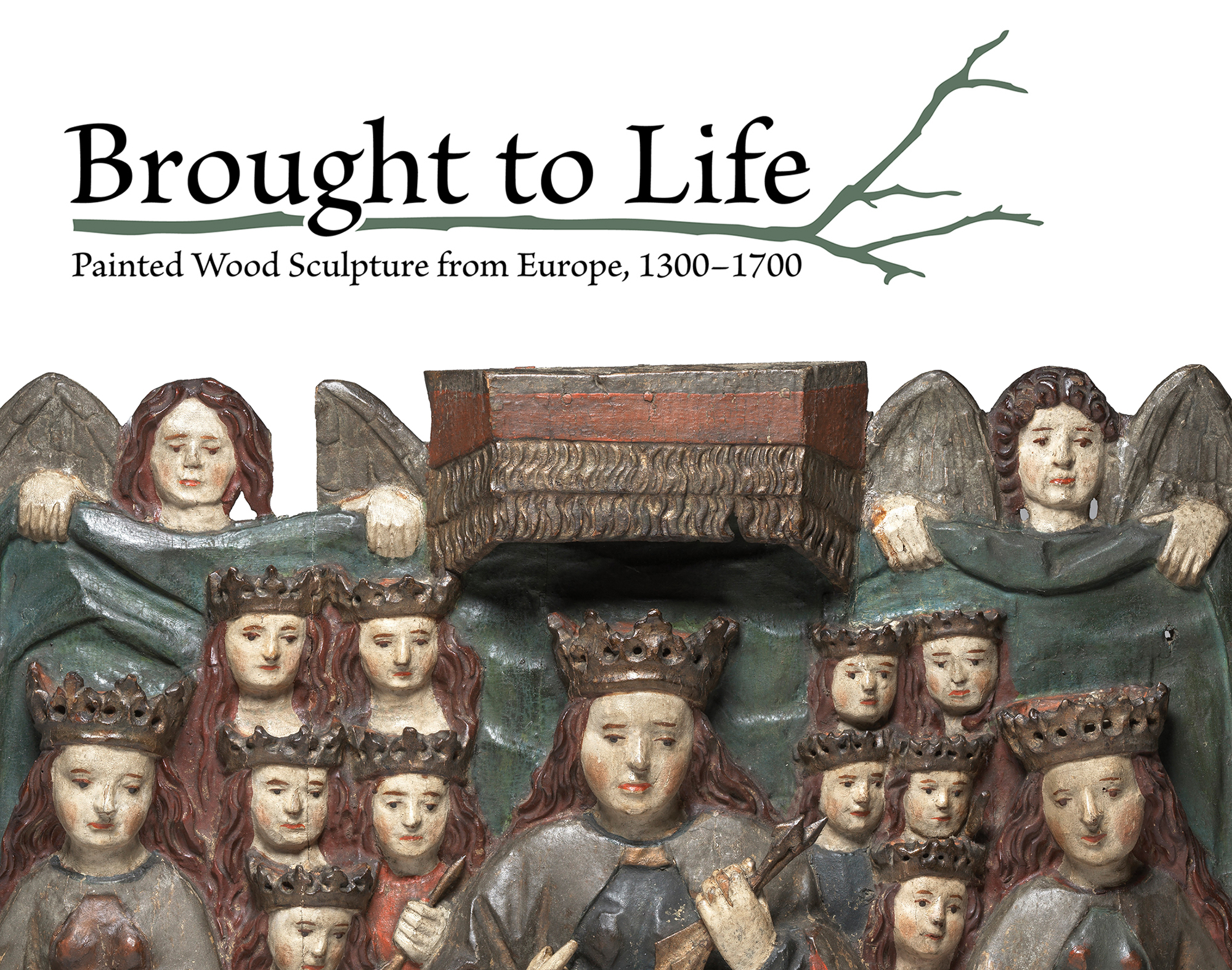 Brought to Life logo text with green branch and a detail of a polychrome piece with many angels with the same face