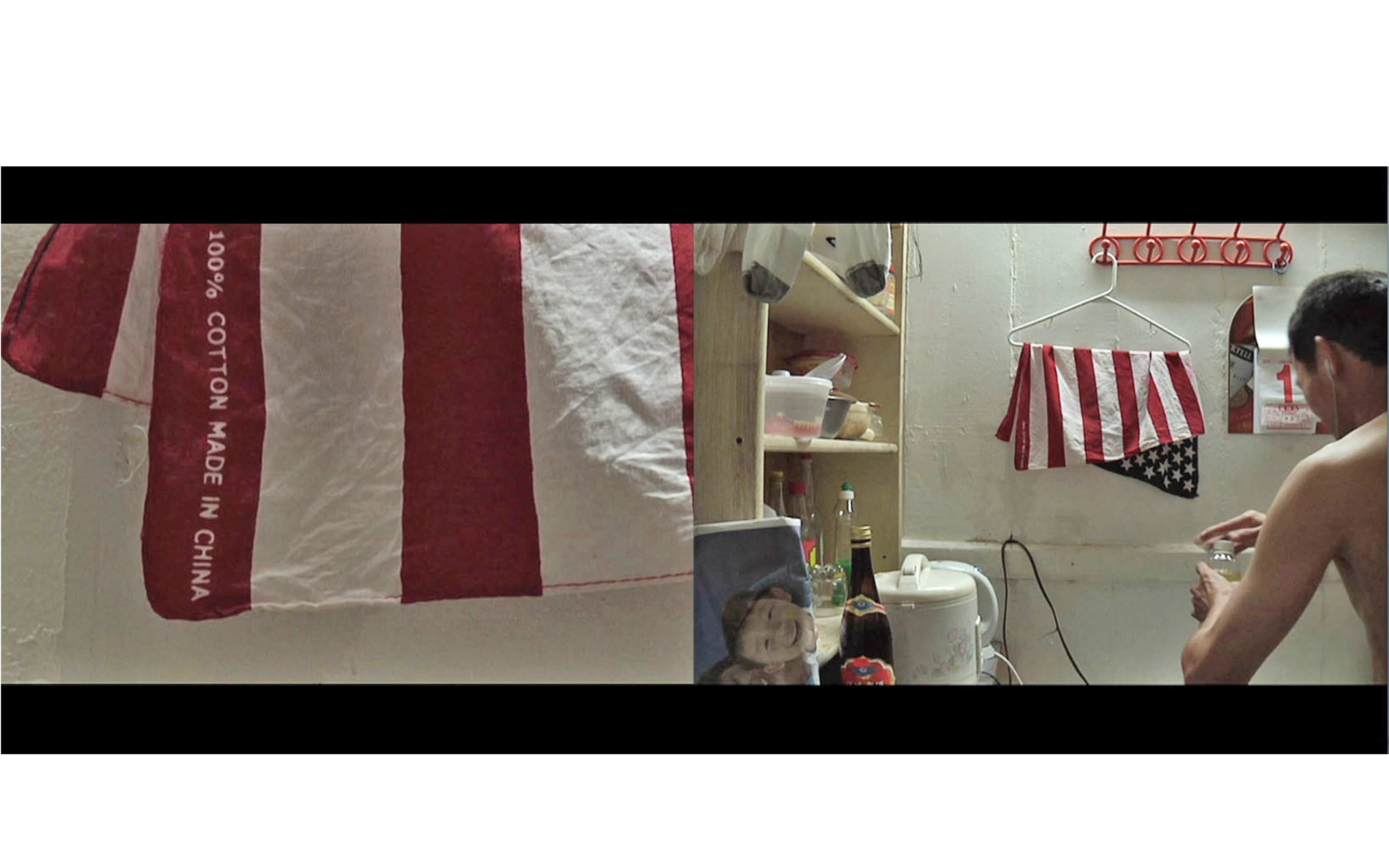 A split screen shows a man cooking shirtless in the kitchen, and a closeup of a hanging American flag that says "100% cotton made in China"