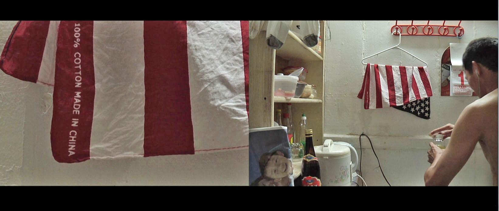 A split screen shows a man cooking shirtless in the kitchen, and a closeup of a hanging American flag that says "100% cotton made in China"
