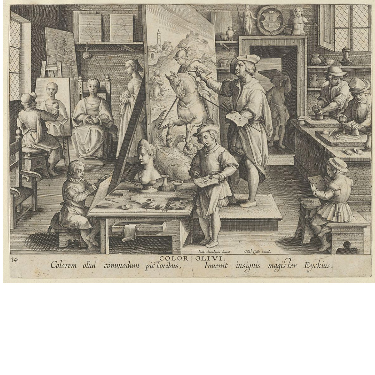 Print of many painters working in their studio.