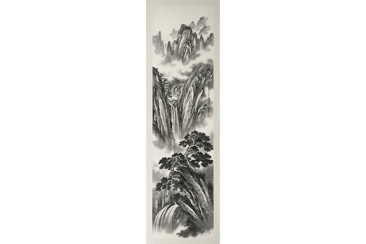 Skinny vertical piece depicting clouds above pine trees and a rushing waterfall in black and white