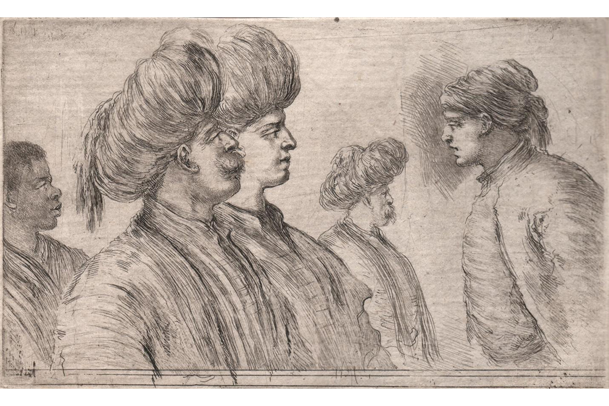 Five men, three with turbans and one black male; Turkish; Half lenght in profile