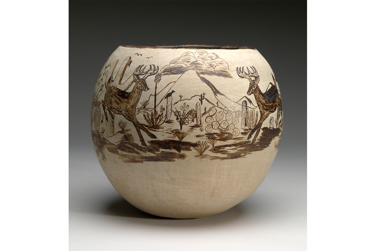 Round clay pot with sepia drawings of animals in the wilderness around the bowl