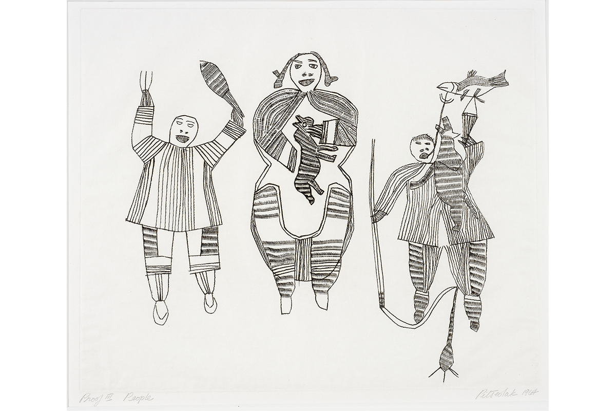 Etching print in line of three people dressed in Inuit clothes
