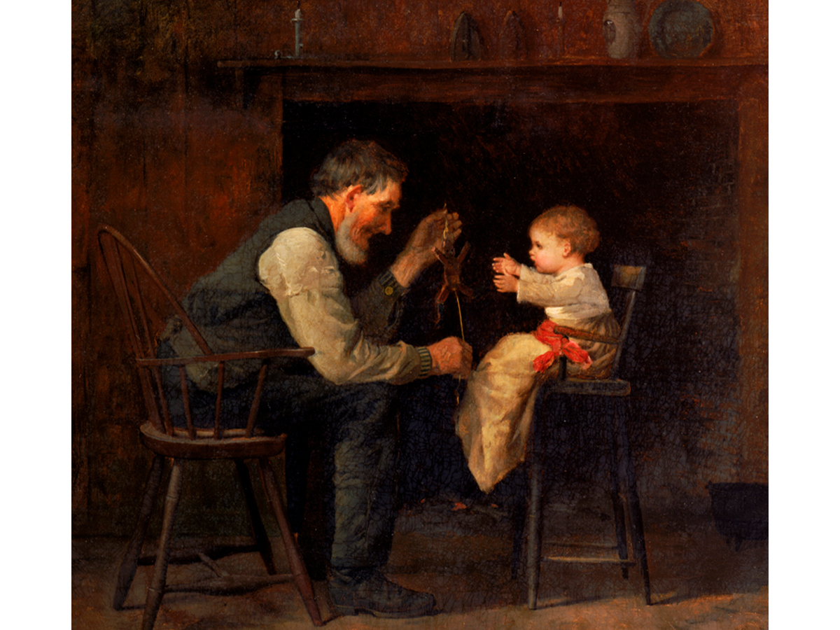 Painting with dark background of older man holding a toy in front of a child sitting in a high chair