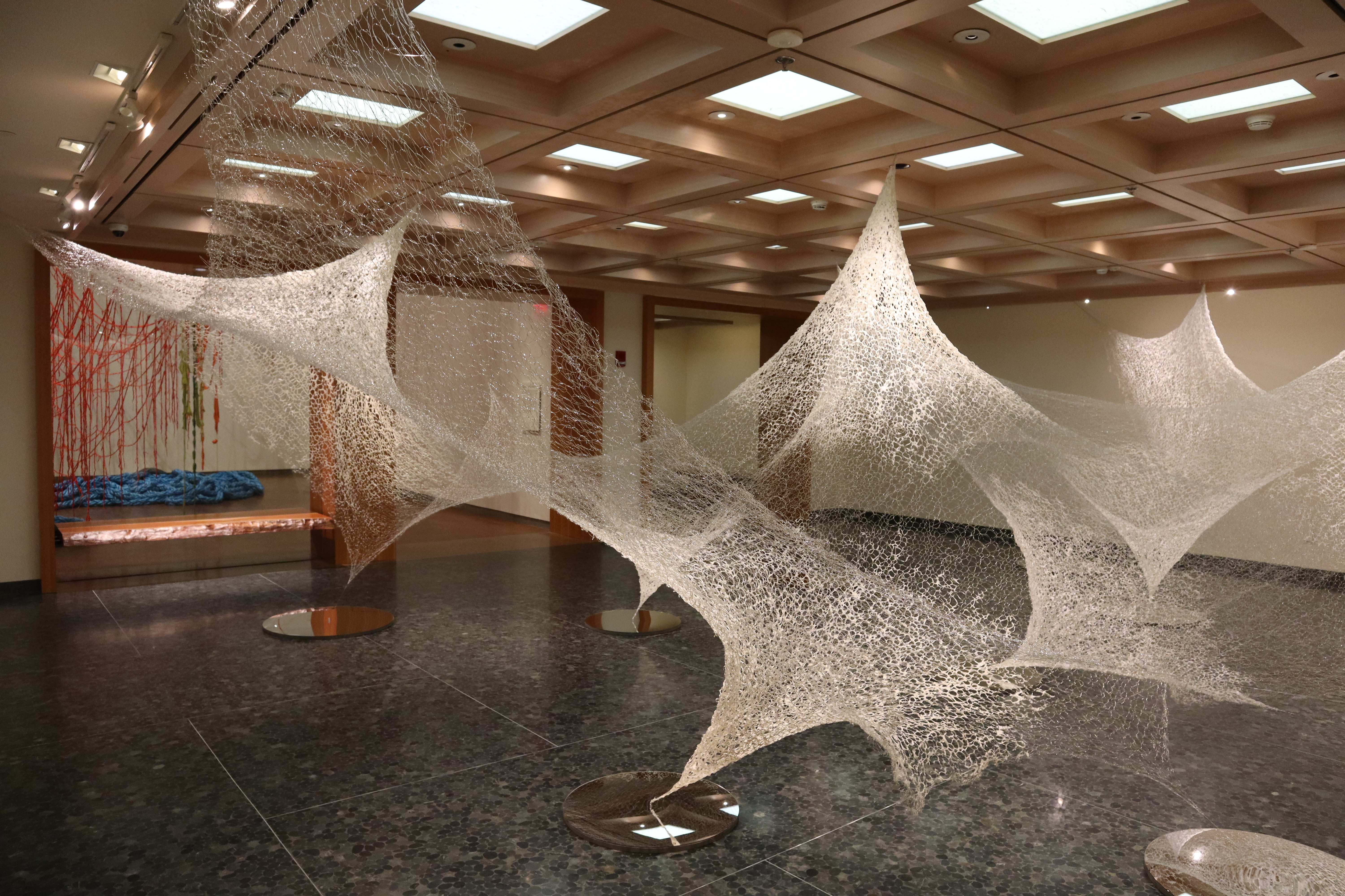 Gallery image with knit fishing lines that look like webs hanging from the ceiling.