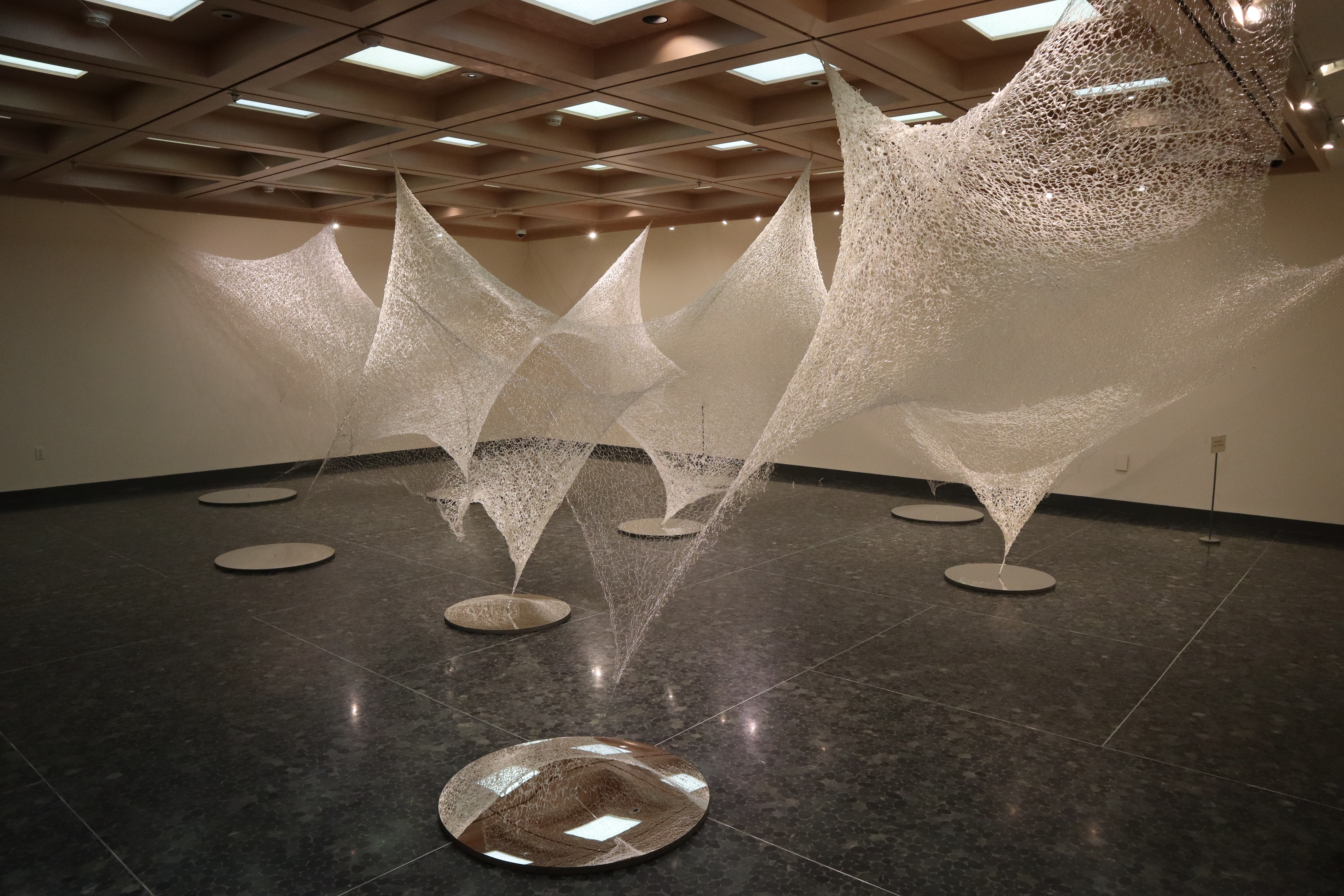 Gallery image with knit fishing lines that look like webs hanging from the ceiling.