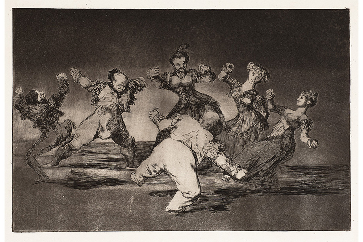 three men and three women dancing in a circle