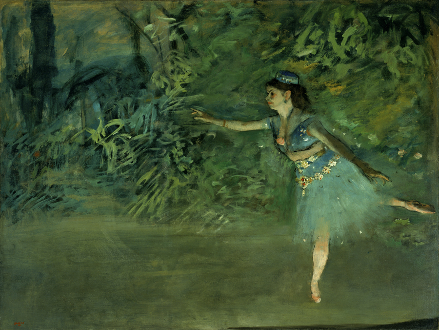 Painting in greens and blues of a solo ballet dancer on a stage