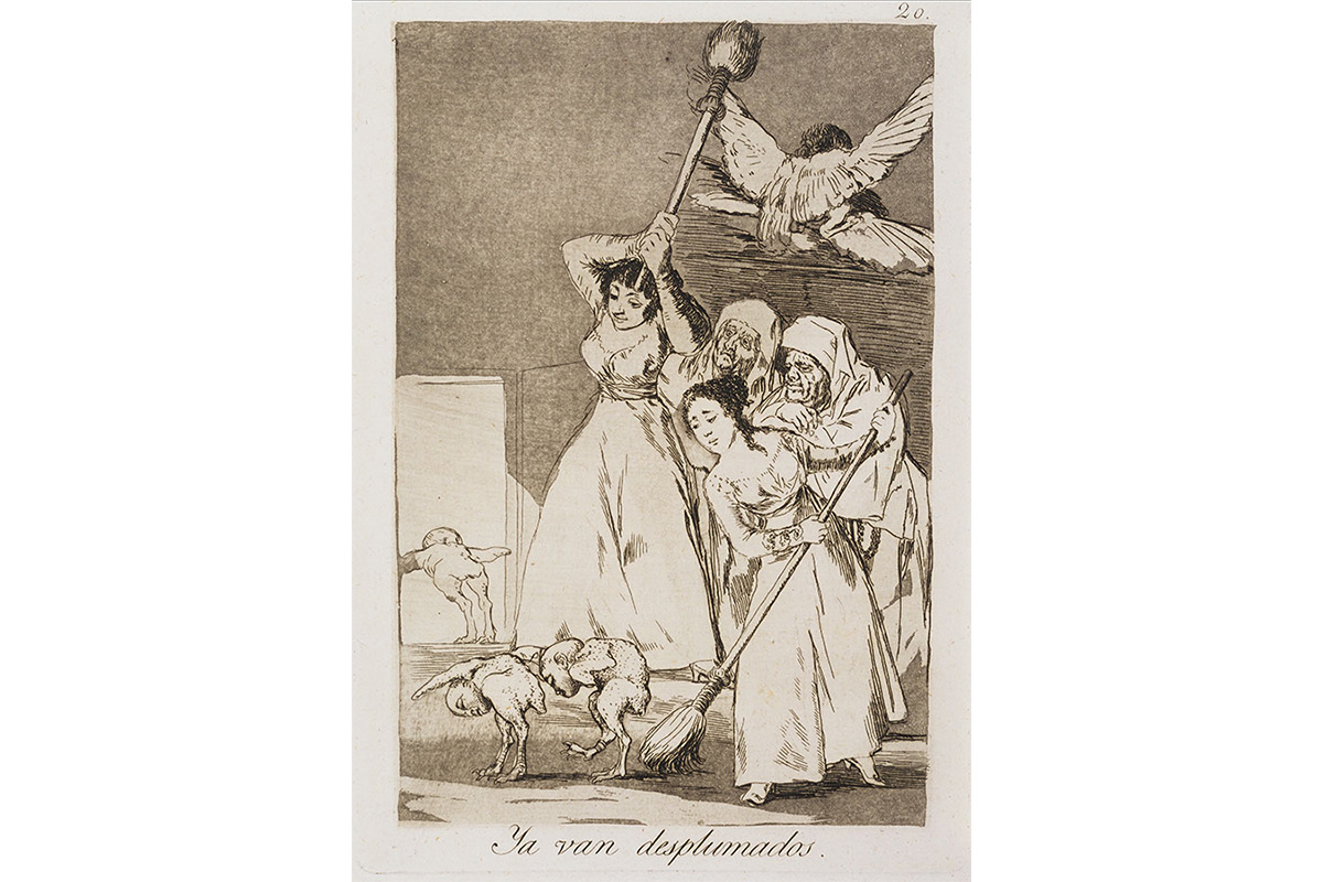 Spanish satirical print; satire; social satire; two young women harrying out the door three plucked chickens with head of men with brooms; two old women observing behind them; Celestinas, prostitutes