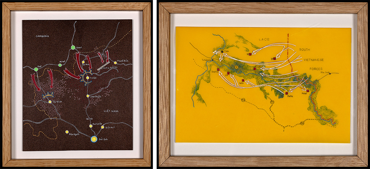 Left: Map of battle field on dark paper Right: Map of battle field on bright yellow paper