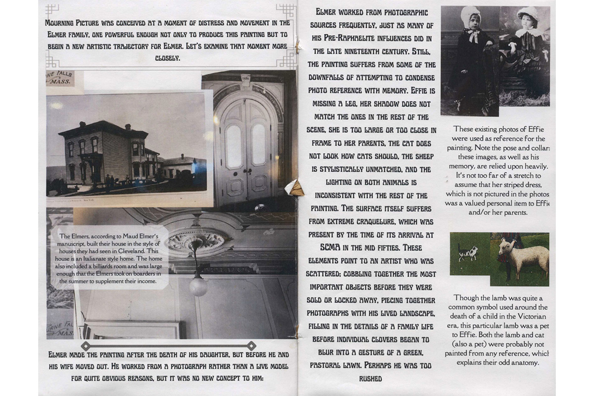 zine spread describing elmer's process of creating mourning picture