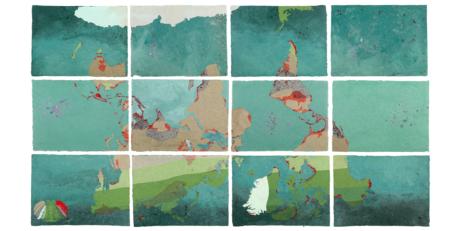 Grid 4 rectangles wide by three rectangles tall of collage in palette of sea green when together, look like a map of the earth