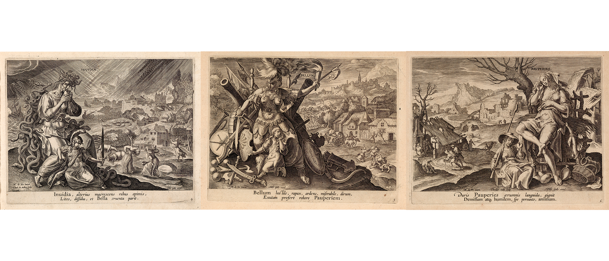 Three etching from a book all in a row-depicting two figures on left foreground and a town in the background_ order left to right, Envy, War; War, Poverty; Poverty, Humility