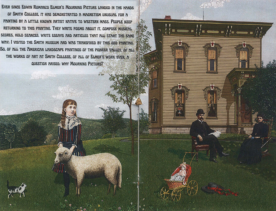 Looks like a collage of a painting with an old house in back right with a sad looking young girl and a sheep in the front left with text in the sky in the top left of picture and two people in black sitting in front of the house