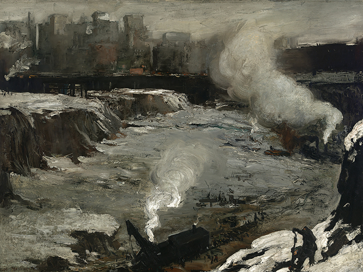 winter at excavation sight, large pit covered with snow, two figures working at lower right, other figures near a small black train engine with white smoke coming from its stack, white smoke spewing from mid right near edge, cityscape in background under grey sky