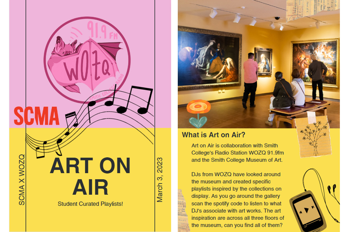 pages 1 and 2 of the zine handed out to visitors during the "Art on Air" event, page 2 reads "What is Art on Air? Art on air is collaboration with Smith College's Radio Station, WOZQ 91.9fm, and the Smith College Museum of Art. DJs from WOZQ have looked around the museum and created specific playlists inspired by the collections on display. As you go around the gallery scan the spotify code to listen to what DJ's associate with art works. The art inspiration are across all three floors of the museum."