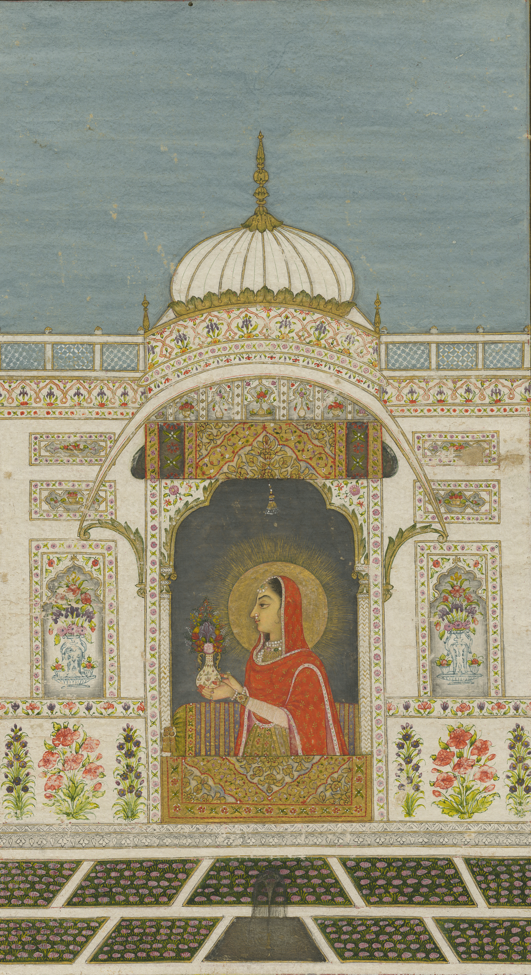 Detailed painting in blue, whites and yellow of a person with dark hair in robe sitting at a window in a place with blue sky in background with ornate design framing the image