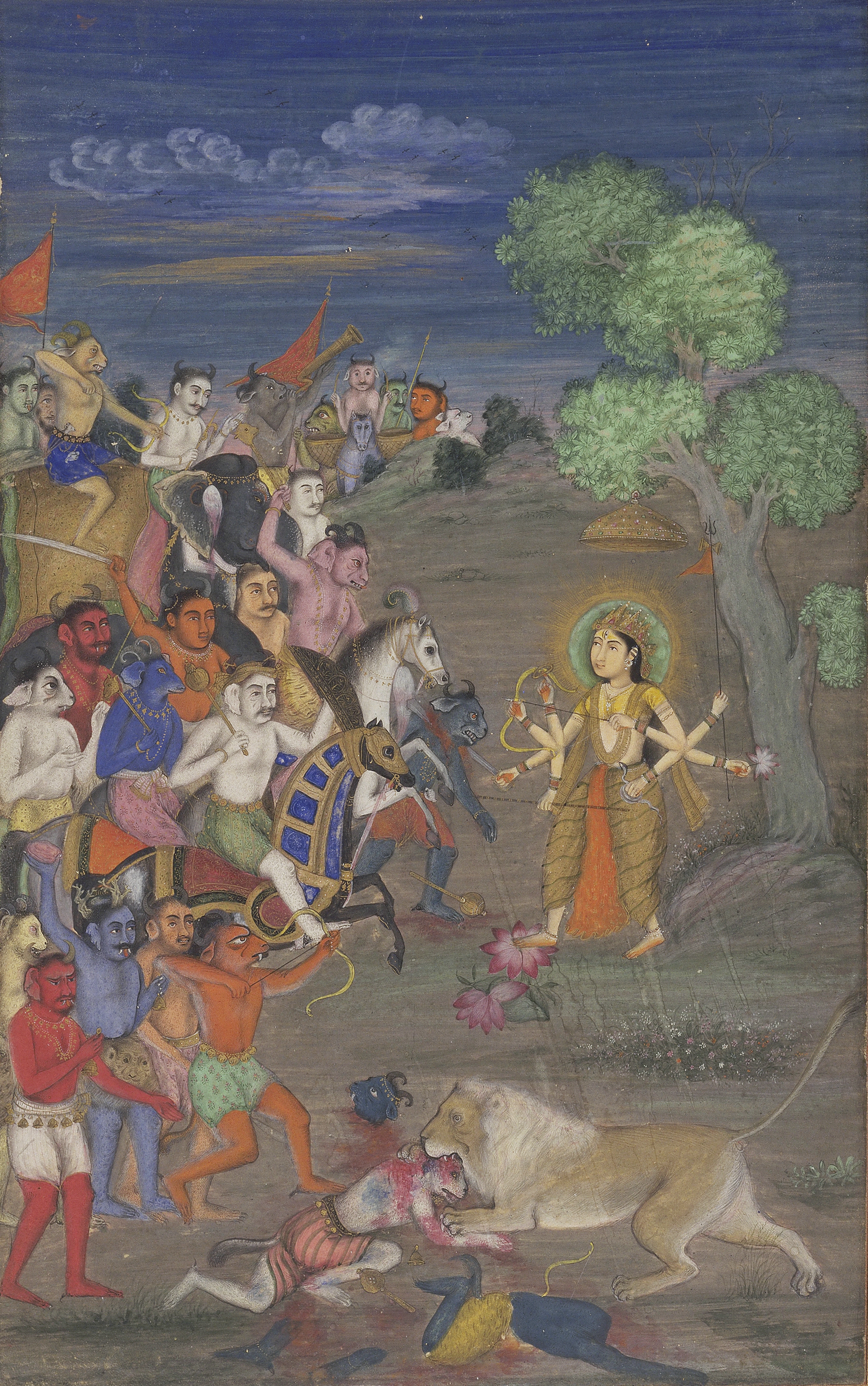 Colorful detailed in dark reds and blues of a woman in robe with many arms about to battle with an army of men and demons on foot and on horseback