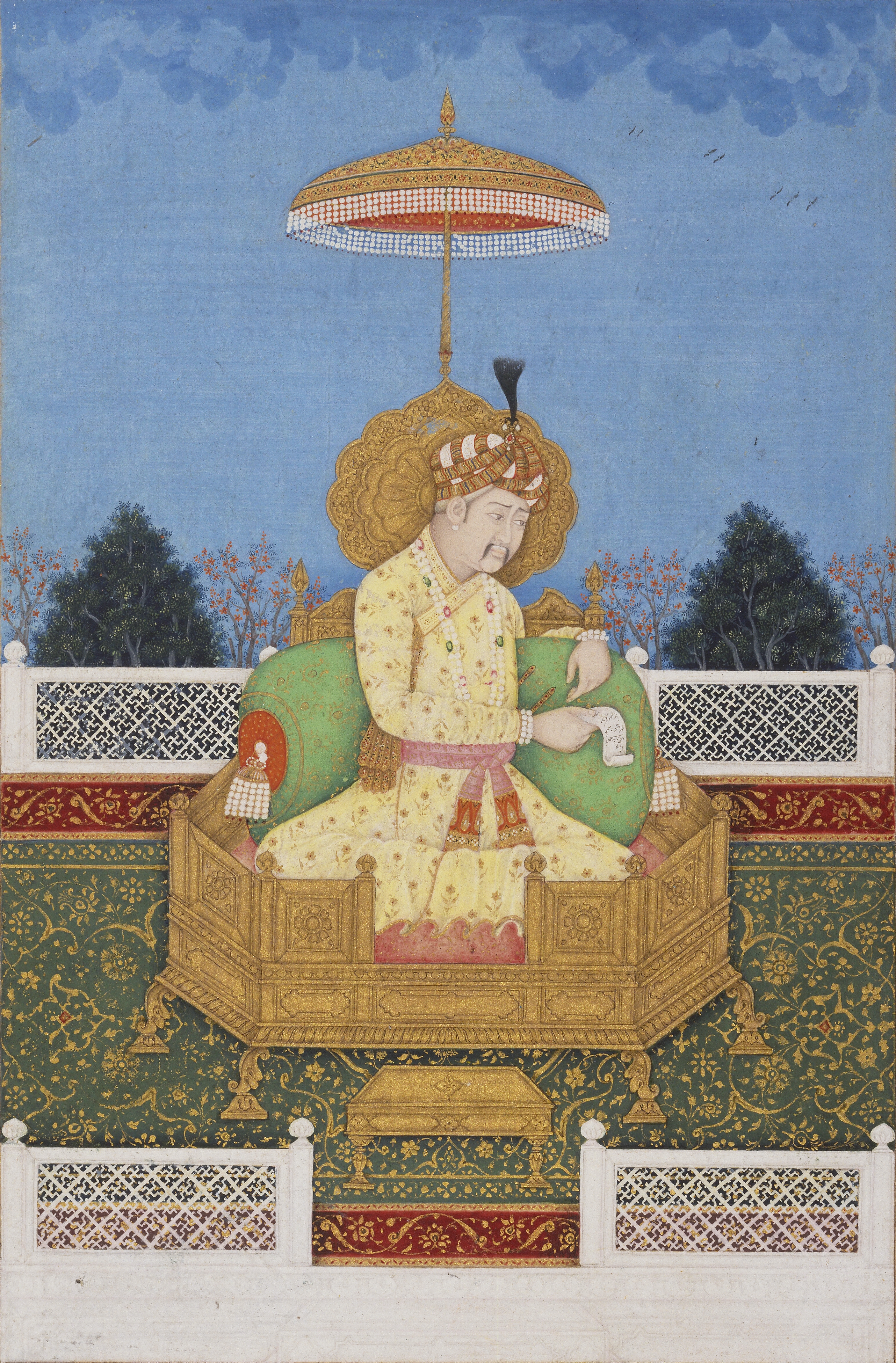 Person of royalty dressed in fancy clothes sitting on what looks like a throne with an ornate umbrella over his head. Blue sky in background. very detailed.