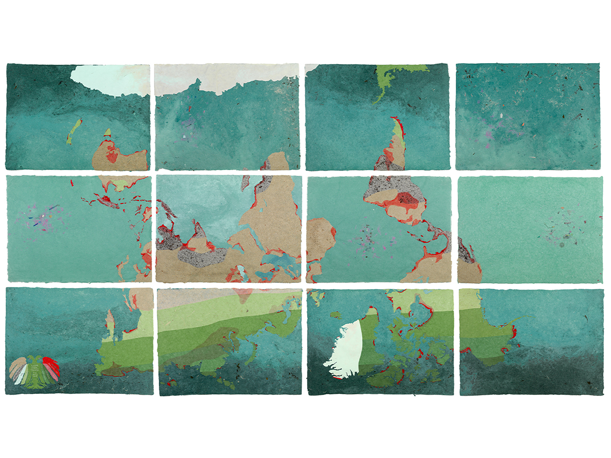 Grid of three tall x 4 wide collage artworks when together look like a map of the world upside down. Palette is green and light blue with some reds and yellows