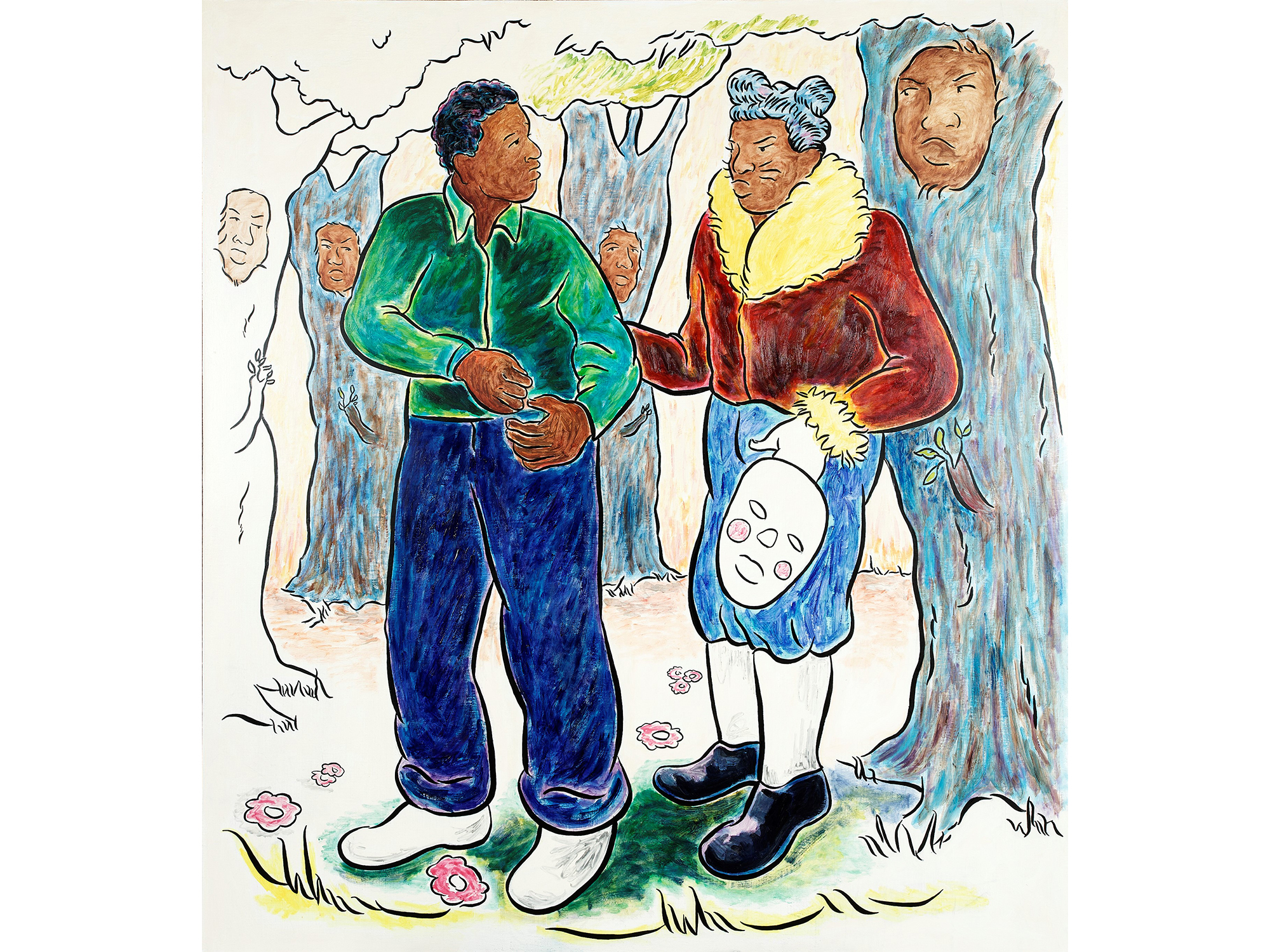Line drawing with color of two dark skinned figures, one man in short and pants and a second on the right with whiskers and mask in his hand. Both figures surrounded by trees with the face of the man on them.