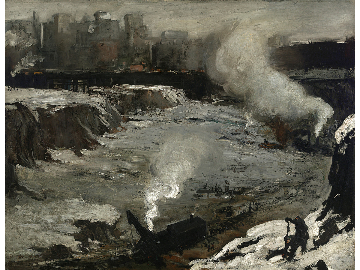 Monotone painting of an excavation site with steam trains, smoke, people in foreground and city in background