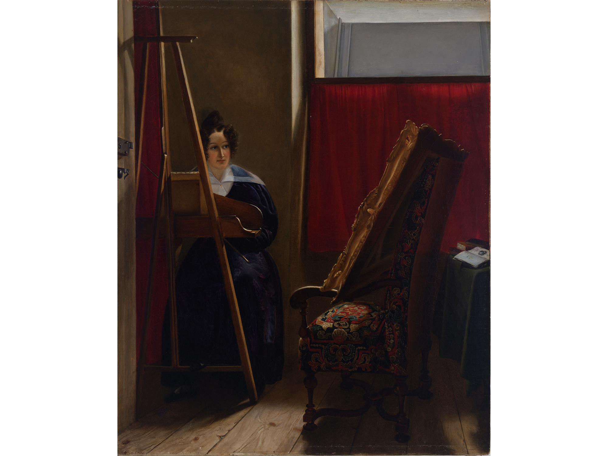 Painting of a woman sitting and painting at an easel