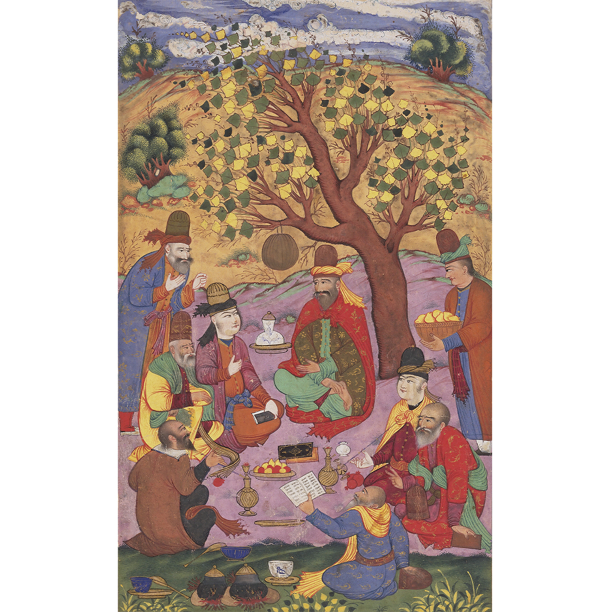 Painting of a gathering of men sitting beneath a tree