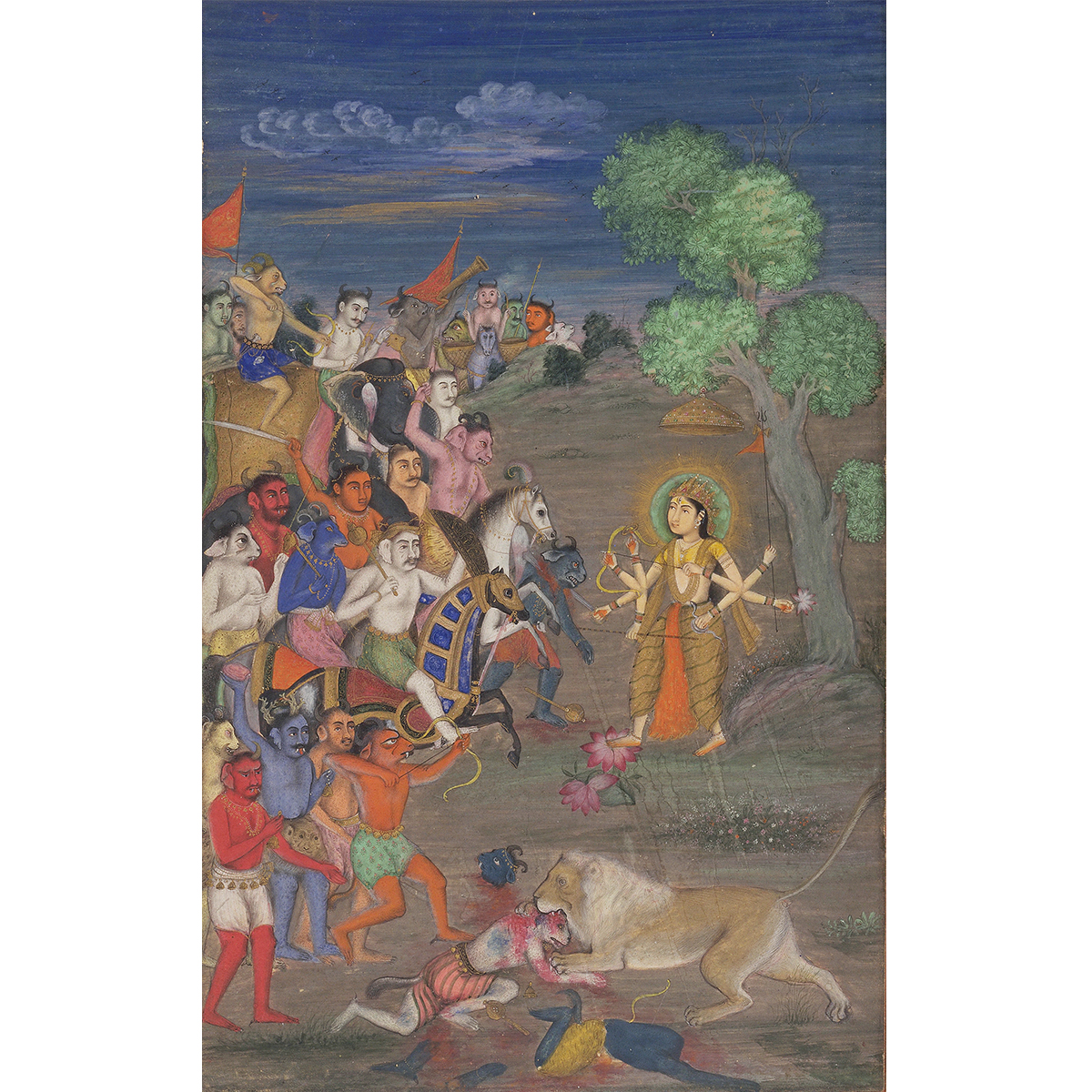 painting of a goddess fighting demons riding horses