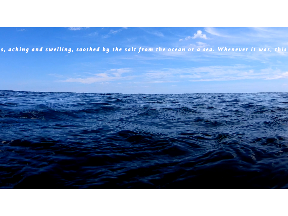 Photo of an ocean with text in the sky that reads the partial phrase "aching and swelling, soothed by the ocean of a sea, whenever it was..."