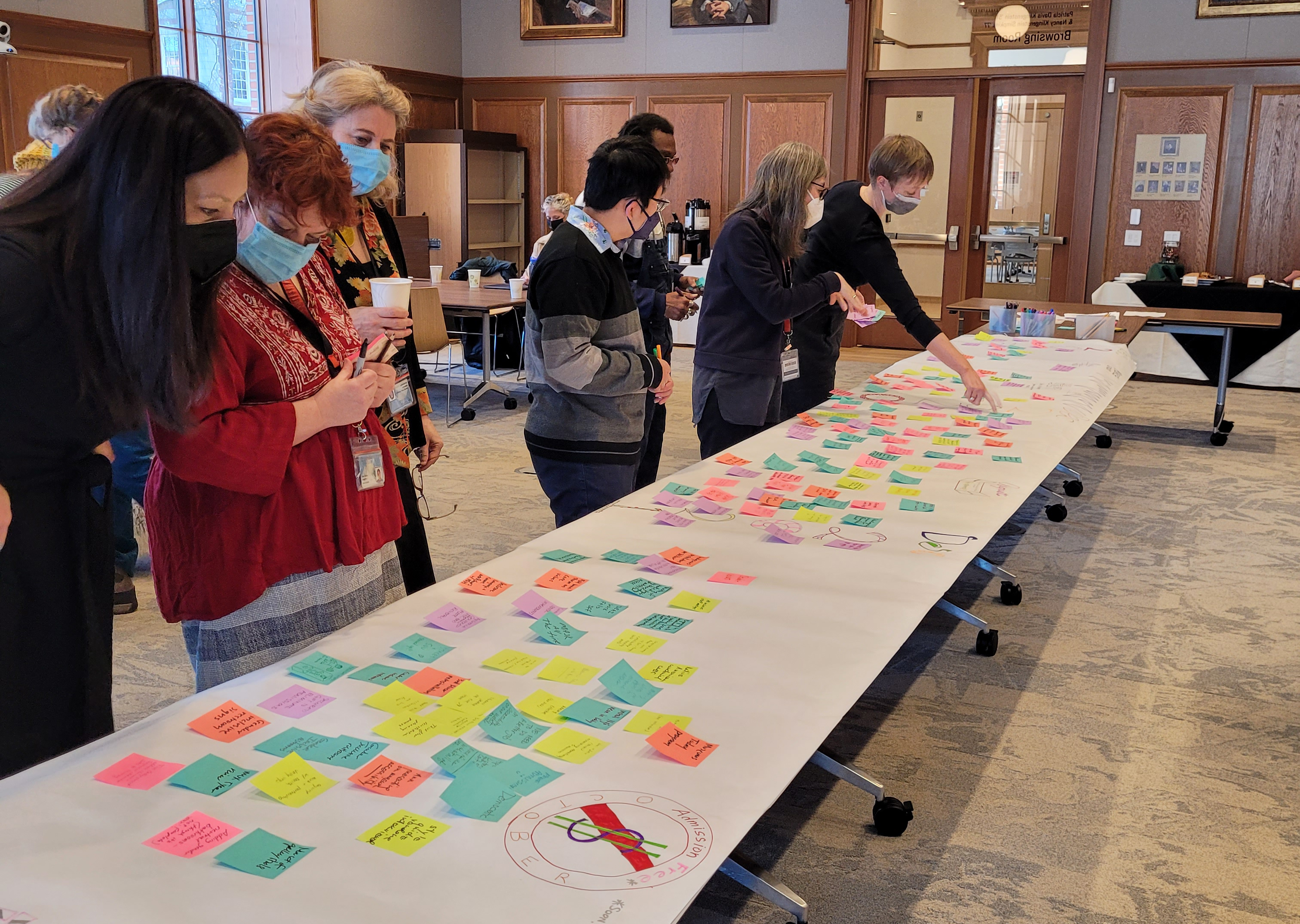 Row of people at a table looking at sticky notes of different colors 