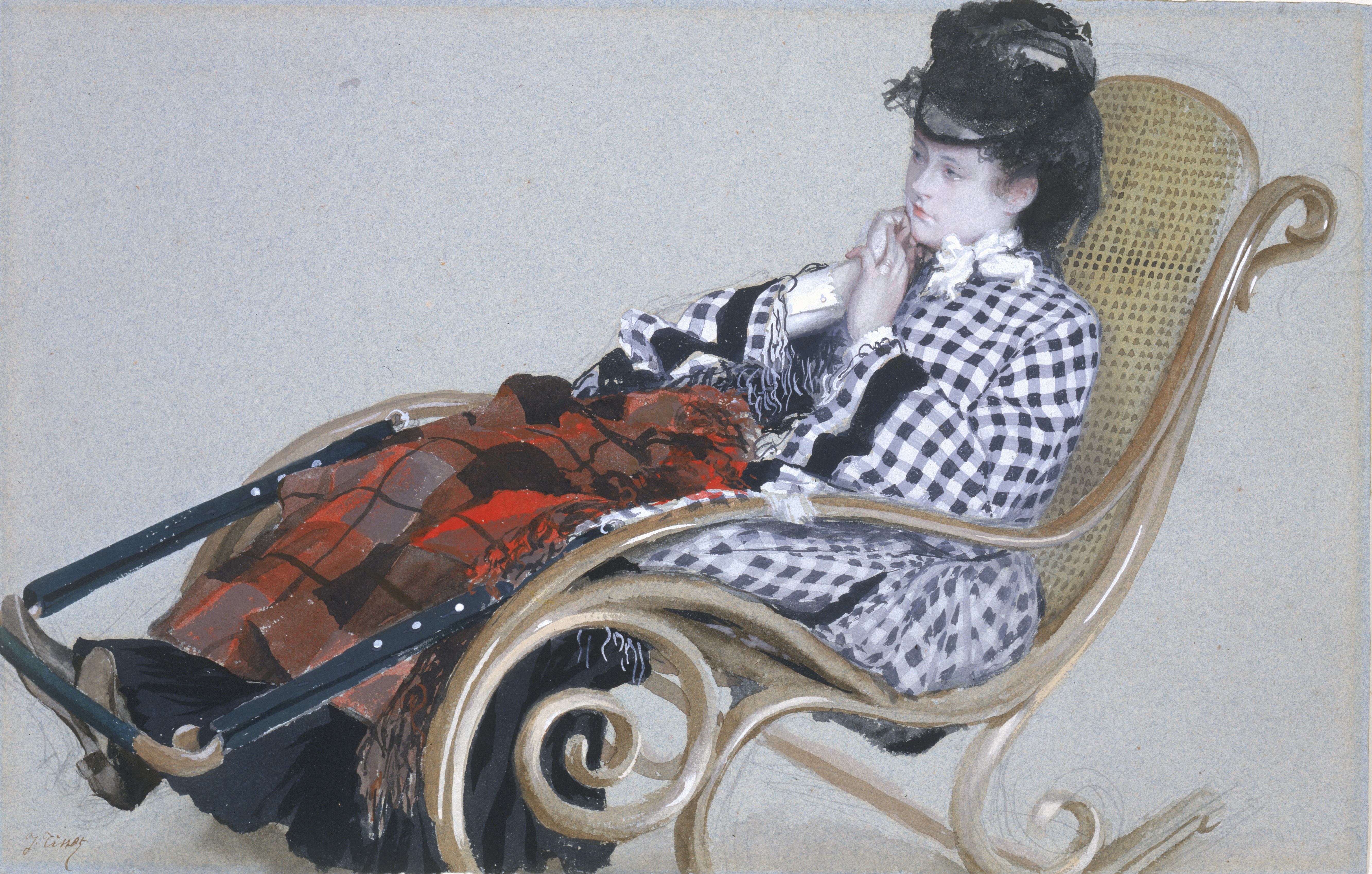 drawing of a person dressed in clothes from late 1800s sitting in a rocking chair