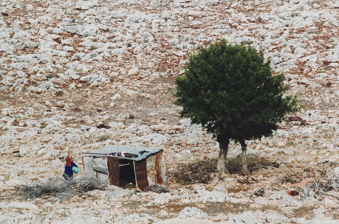 Small built structure on a rocky hill with person covered in a head cloth to the left and a green tree to the right of the structure