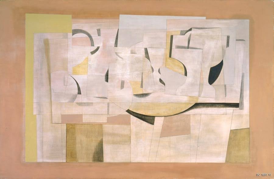 Beige painting with overlapping geometric shapes of different shades of beige