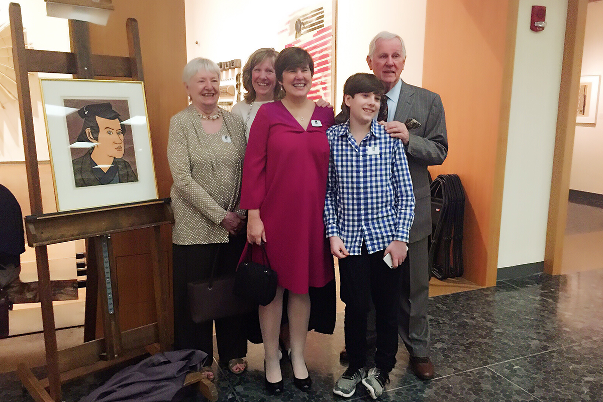 Members of the Tolman family at SCMA on the occasion of an exhibition of gifts from The Tolman Collection and the donation of Clifton Karu’s portrait of Norman to SCMA. From left to right: Mary Tolman, Hilary Tolman ‘87, Allison Tolman, Lucas Martineau and Norman Tolman