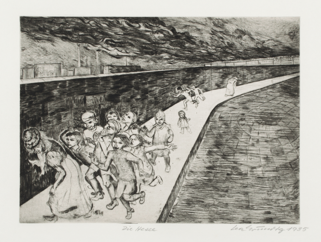 group of people running away from two people in the distance along a brick wall