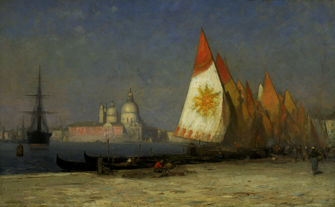 Painting of sailboats in a harbor with domed buildings in the background