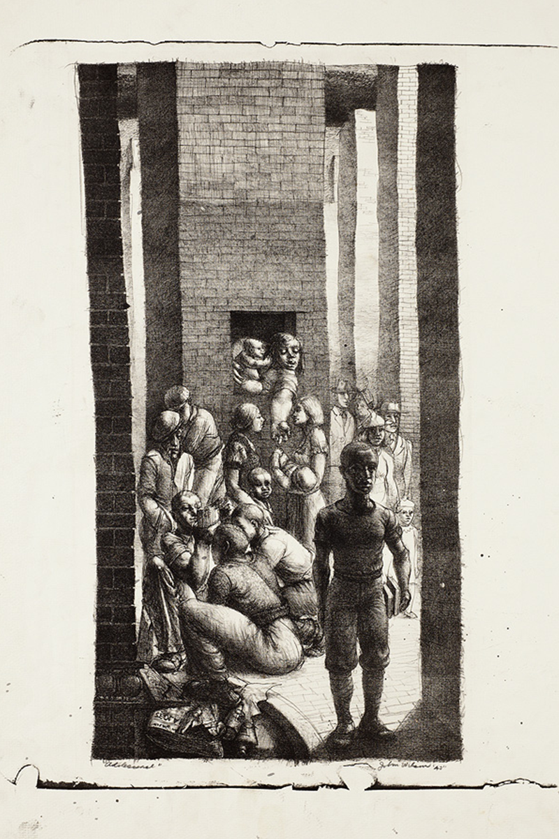 Black and white print of a group of people gathered in a brick hallway with one person staring at the viewer in the forefront in a shadow