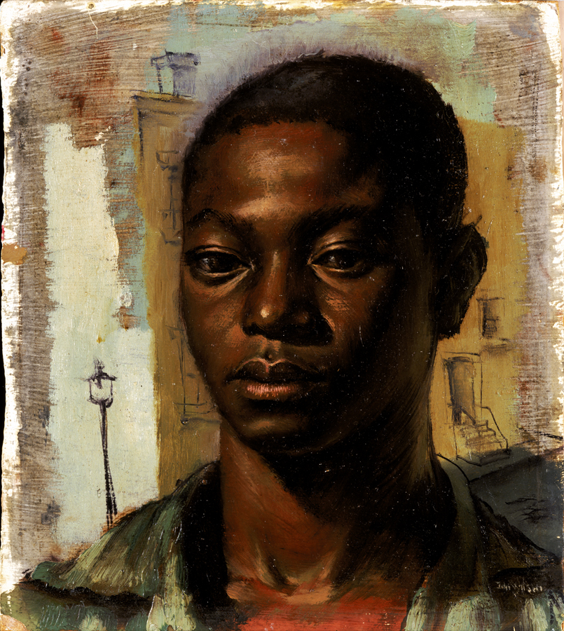 Portrait of John Wilson's brother against a splotchy layered backdrop with a lamppost on the botton left and staircase into a building on the bottom righthand side