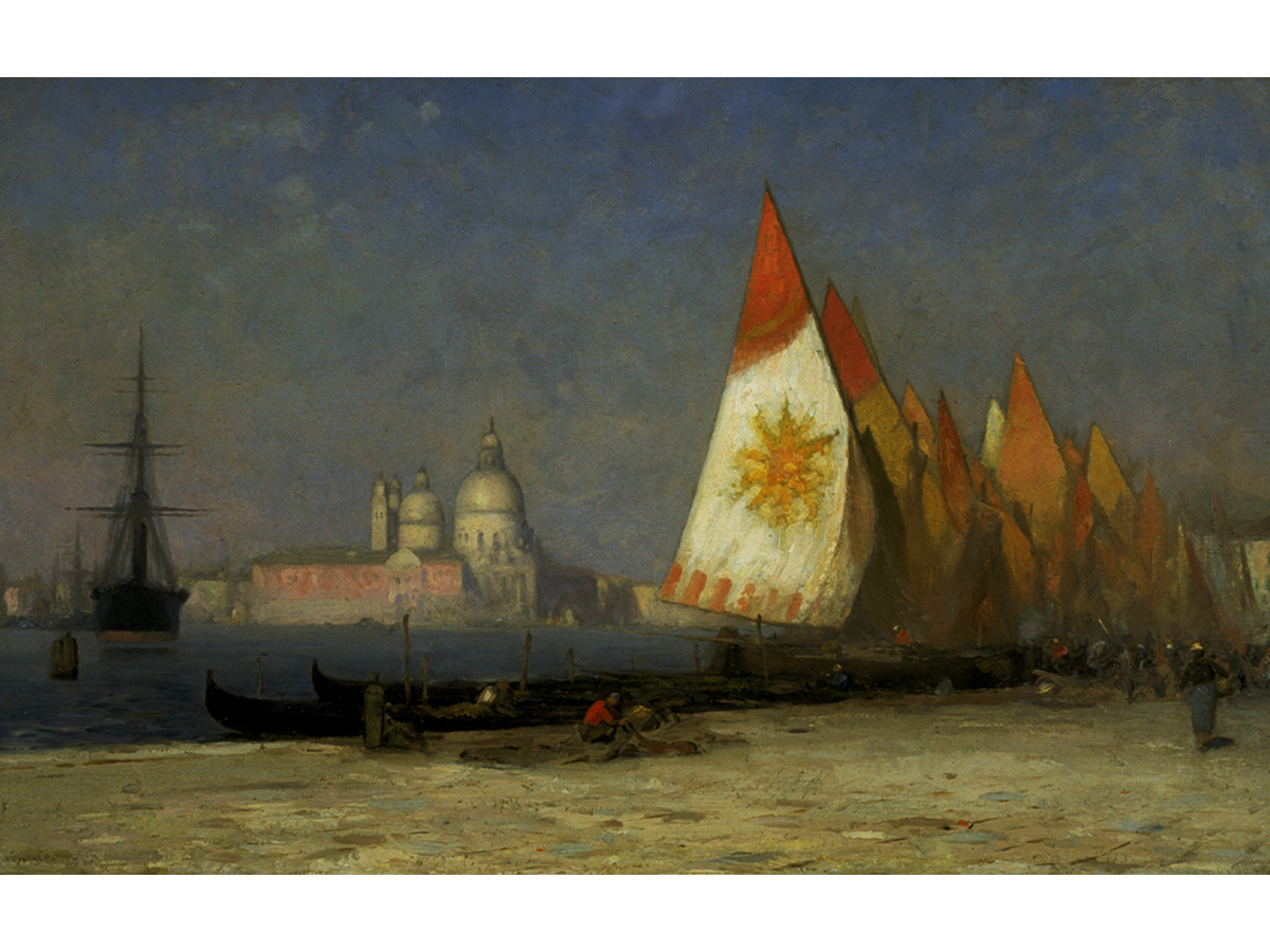 Painting of sailboats in a harbor with domed buildings in the background