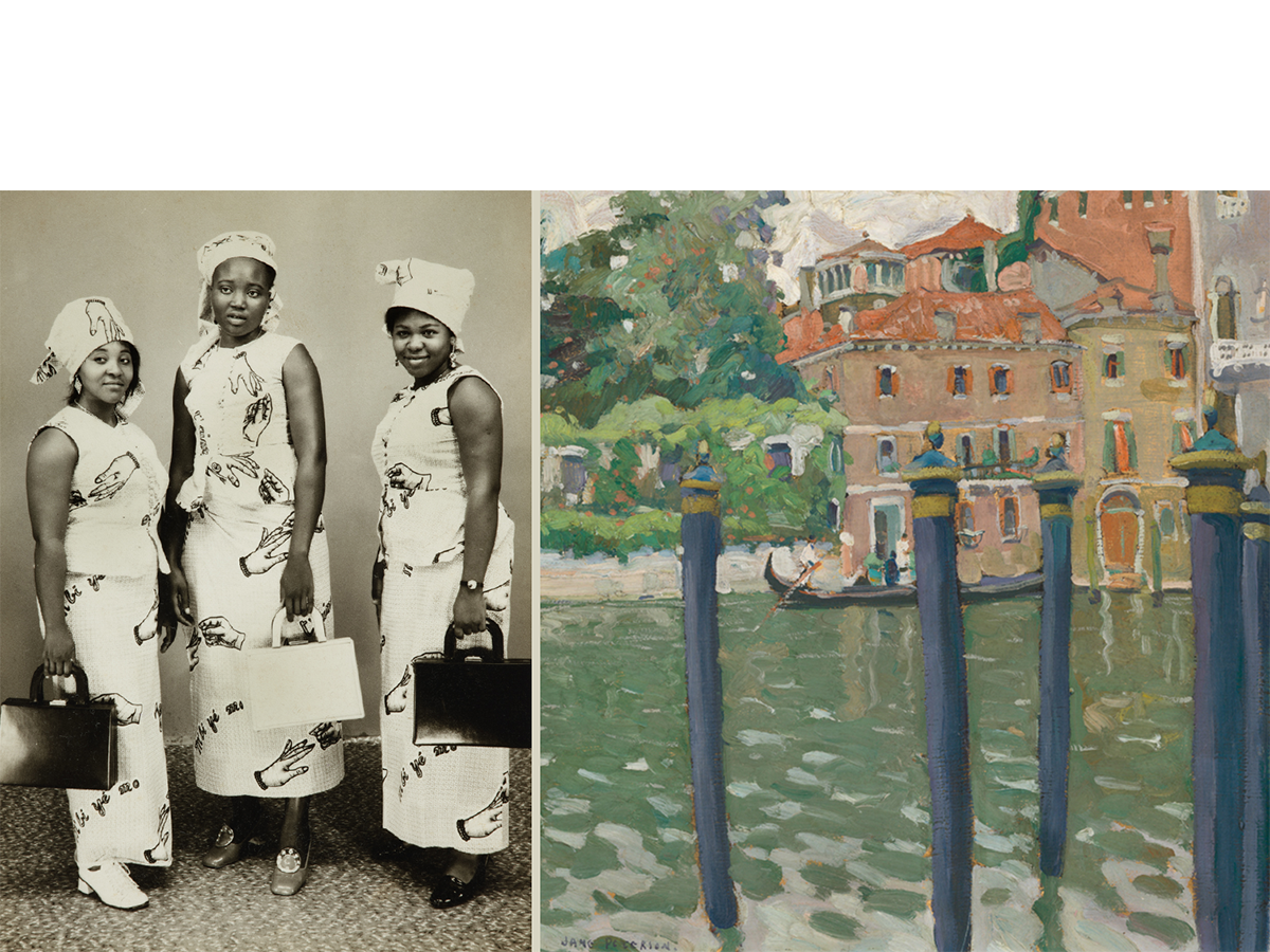 To the left three women pose in matching dresses and handbags. To the right a gondola floats in the distance on water, and a building sits at the shoreline.