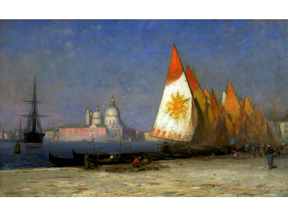 Painting of sailboats in a harbor with domed buildings in the background