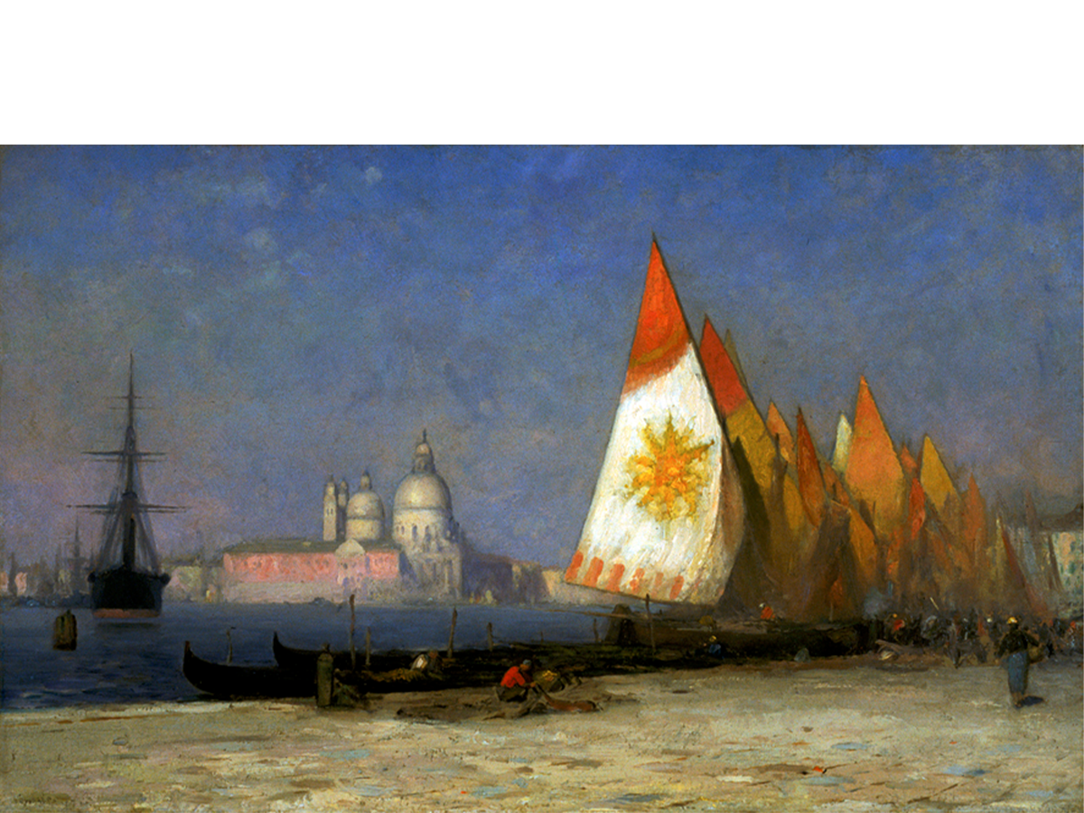 Painting of sailboats in a harbor with domed buildings in the background