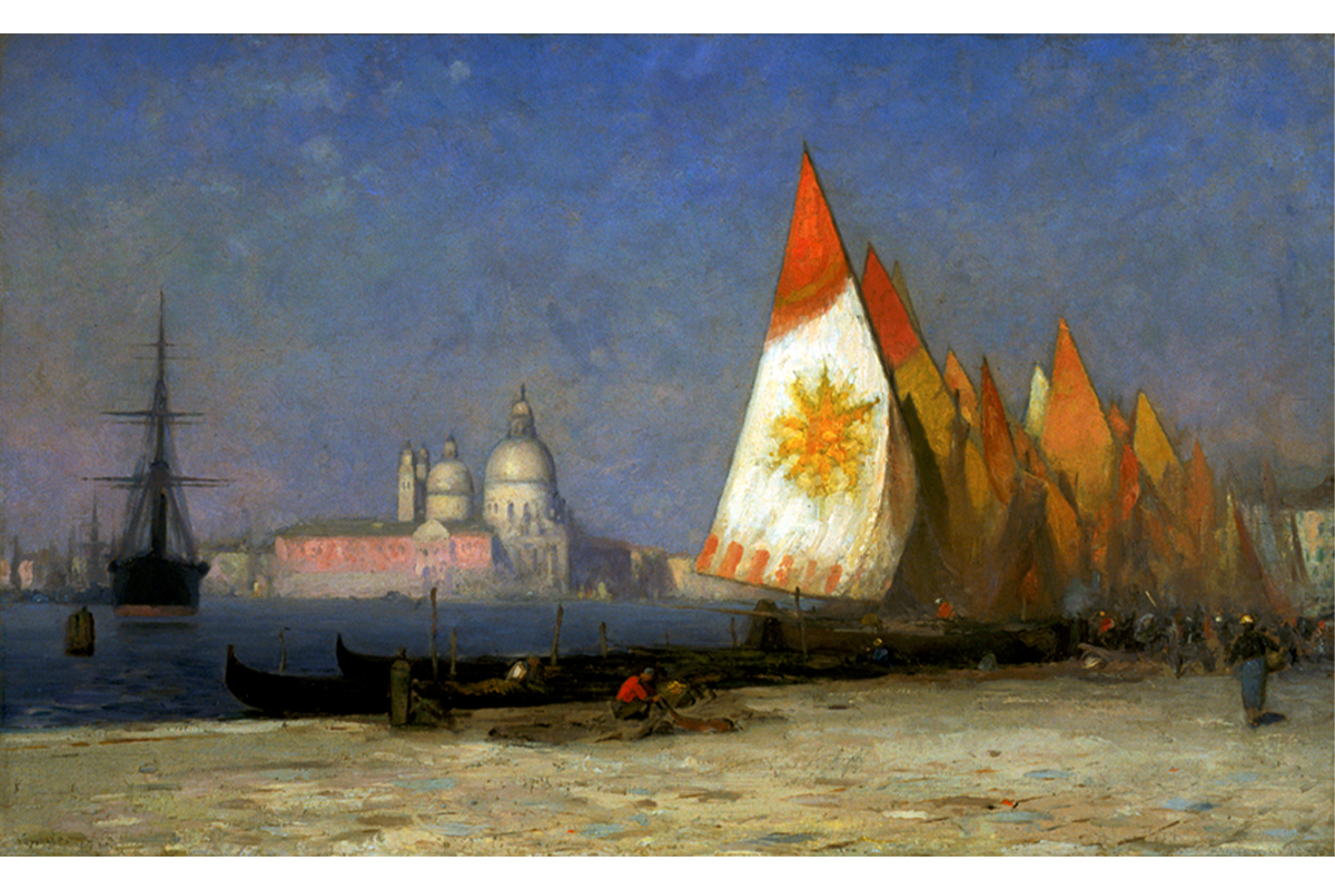 Painting of sailboats in a harbor with domed buildings in the background